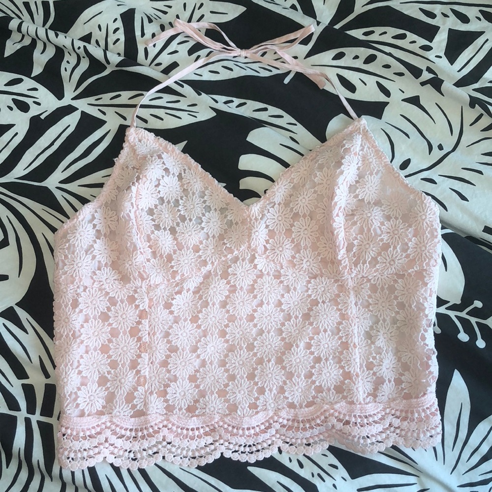 NWOT. Hollister pink floral lace halter top